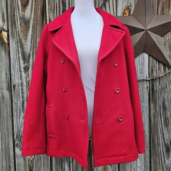 Classic Red Wool PeaCoat Nautica Size XL Double Breasted Collared Solid Color - Picture 2 of 12